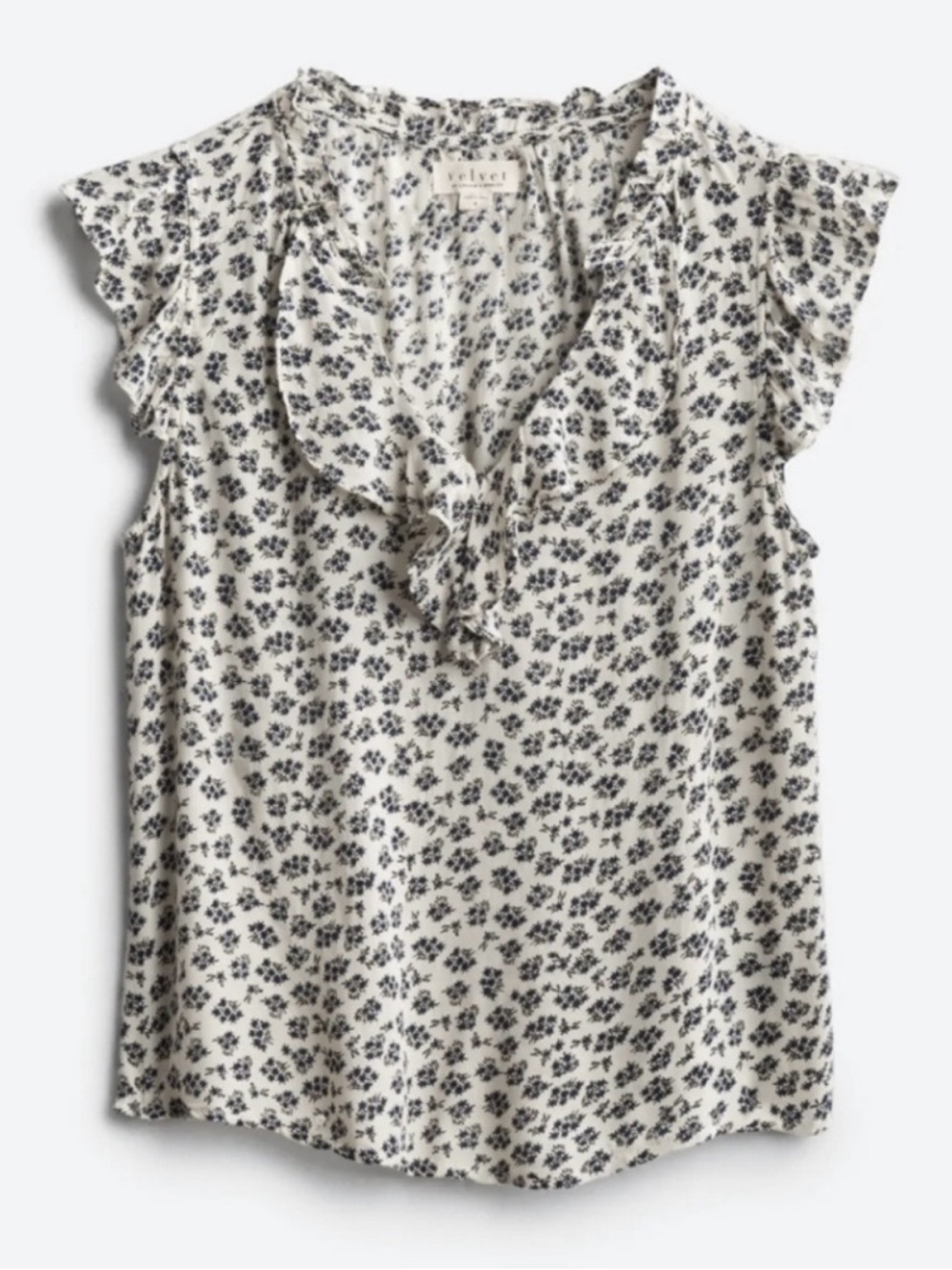 Velvet by Graham & Spencer Tirion Ruffle Floral Blouse Size L Cream and Blue